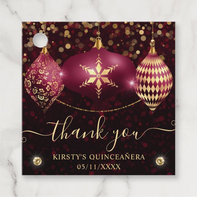 Red och Guld jul Baubles Quinceanera Gåvor Etiketter (Framsida)
