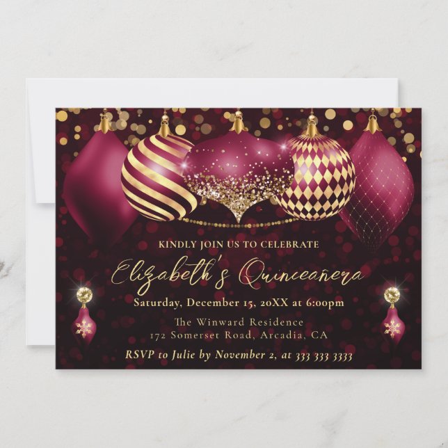 Red och Guld jul Baubles Quinceanera Inbjudningar (Framsida)