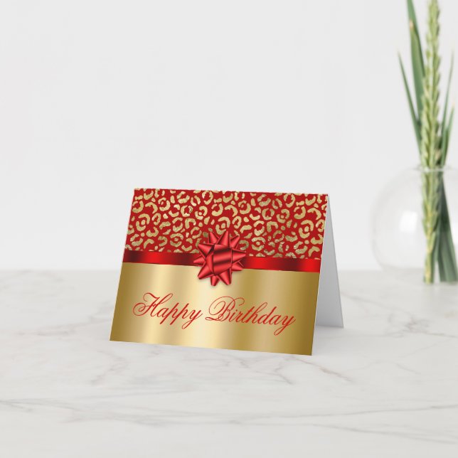 Red och Guld Leopard Shimmer Glam Birthday Gift Kort (Framsida)
