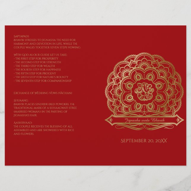 Red och Guld Mandala Hindu Bröllopsprogram (Framsida)