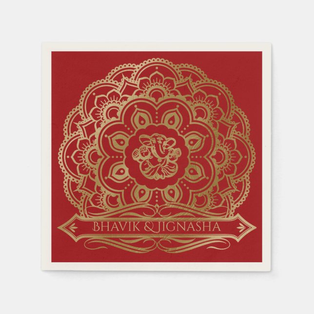 Red och Guld Mandala Indian Bröllop Napkin Pappersservett (Framsidan)