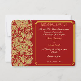 Red och guld paisley Hindu bröllop Inbjudningar