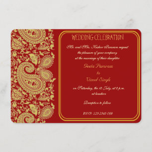 Red och guld paisley Hindu bröllop Inbjudningar