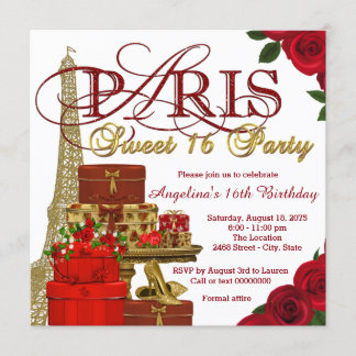 Red och Guld Paris Sweet 16 Party Inbjudningar