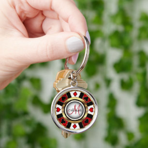 Red och Guld Poker Chip Design - Monogram Rund Silverfärgad Nyckelring