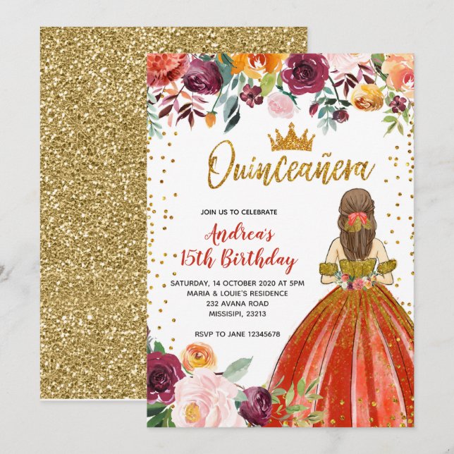 Red och Guld Princess Blommigt Quinceañera Birthda Inbjudningar (Fram/baksida)