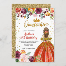 Red och Guld Princess Blommigt Quinceañera Birthda Inbjudningar