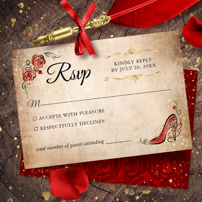 Red och Guld Princess Elegant bröllop OSA Kort (Red and gold RSVP cards to give your once upon a time celebration an elegant touch.)