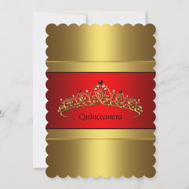 Red och Guld Quinceanera Guld Tiara Birthday Inbjudningar (Framsida)