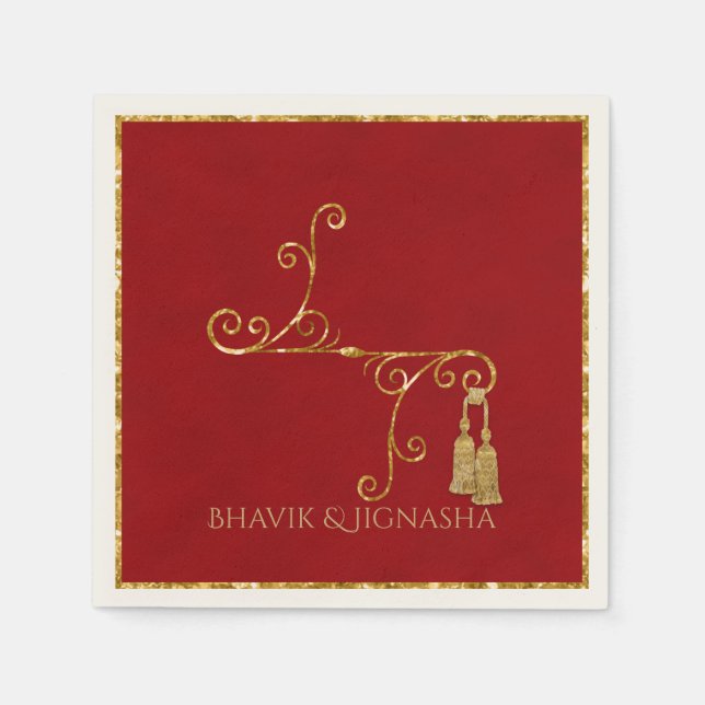 Red och Guld Tassel Indian Bröllop Napkin Pappersservett (Framsidan)