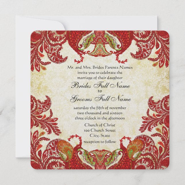 Red och Guld Vintage Paisley Damask Wedding Inbjudningar (Framsida)