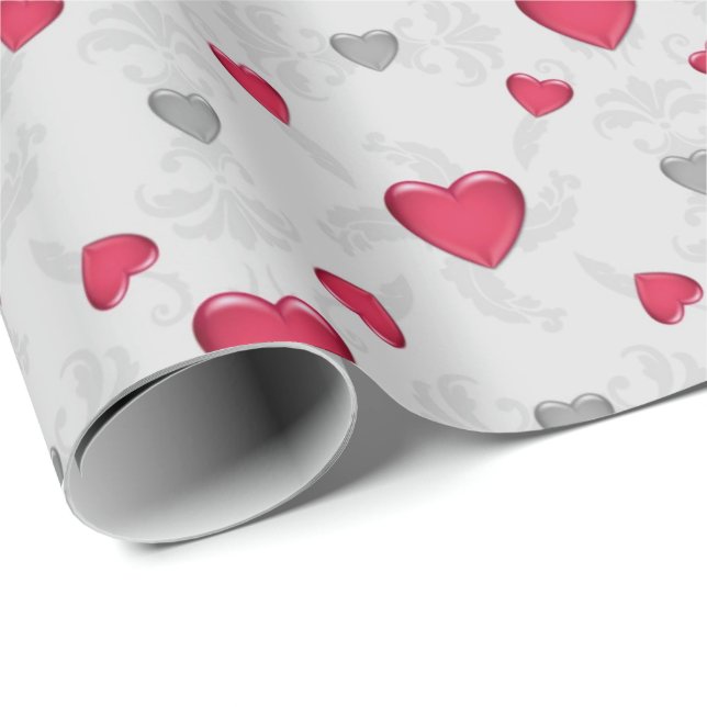 Red och Silver Hearts Presentpapper (Rullad Hörn)
