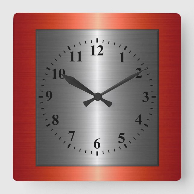 Red och Silver Stainless Steel Metall Fyrkantig Klocka (Framsida)