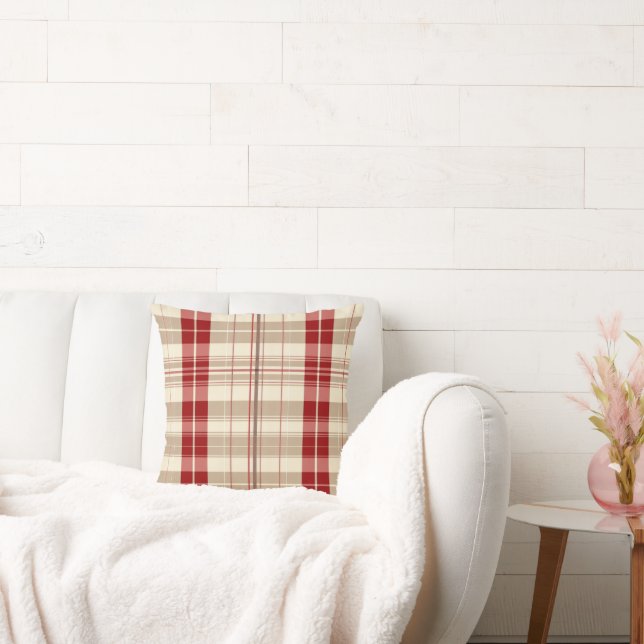 Red och Tan Beige Play Mönster Tartan Kudde (Soffa)