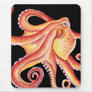Red Octopus på Black Watercolor Art Musmatta