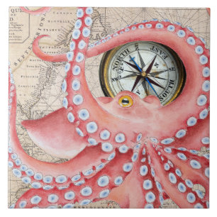 Red Octopus Vintage Karta Compass Kakelplatta