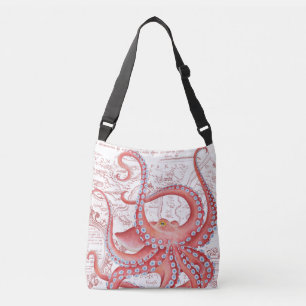 Red Octopus Vintage Karta White Axelväska