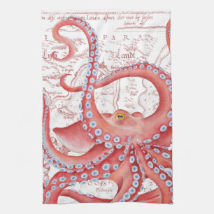 Red Octopus Vintage Karta White Kökshandduk