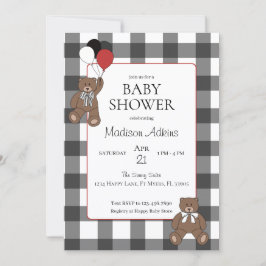 Red on Black Buffalo Check Teddy Bears Baby Shower Inbjudningar