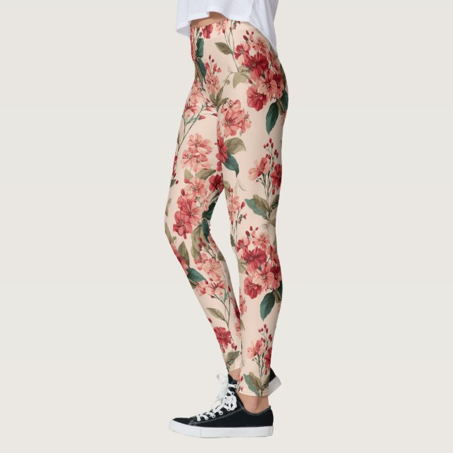 Red on Pink Hibiscus Floral  Leggings (Vänster)