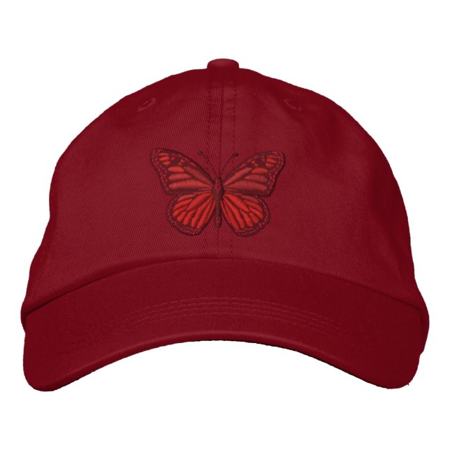 Red on Red Monarch Butterfly Broderad Keps (Framsida)