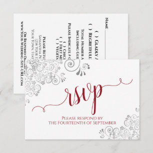 Red on White Elegant Calligraphy Frilly Bröllop OSA Kort