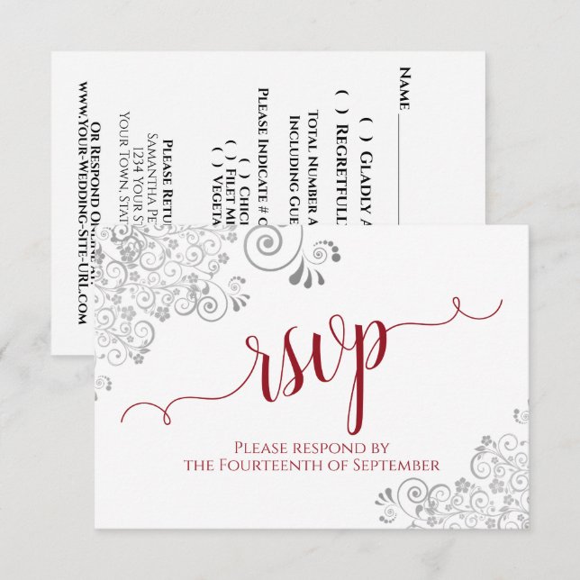 Red on White Elegant Calligraphy Frilly Bröllop OSA Kort (Fram/baksida)