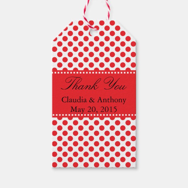 Red on White Polka Dot Tack Bröllop Presentetikett (Framsidan)