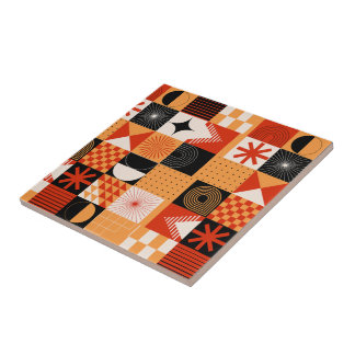 Red Orange Black Geometric Mönster Ceramic Tile Kakelplatta