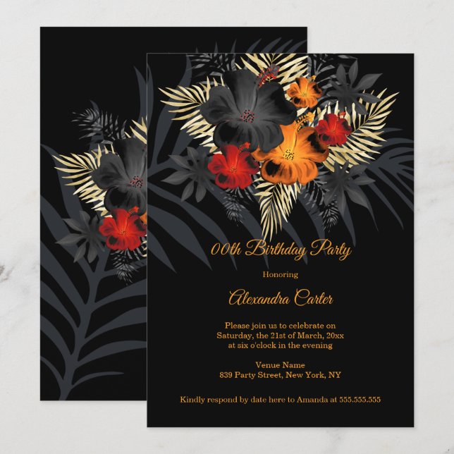 Red Orange Black Hibiscus Flowers Birthday Inbjudningar (Fram/baksida)