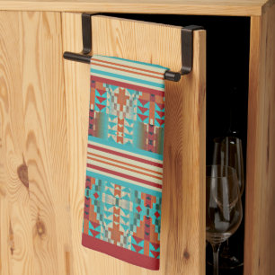 Red Orange Brown Aqua Turquise Blue Tribal Art Kökshandduk