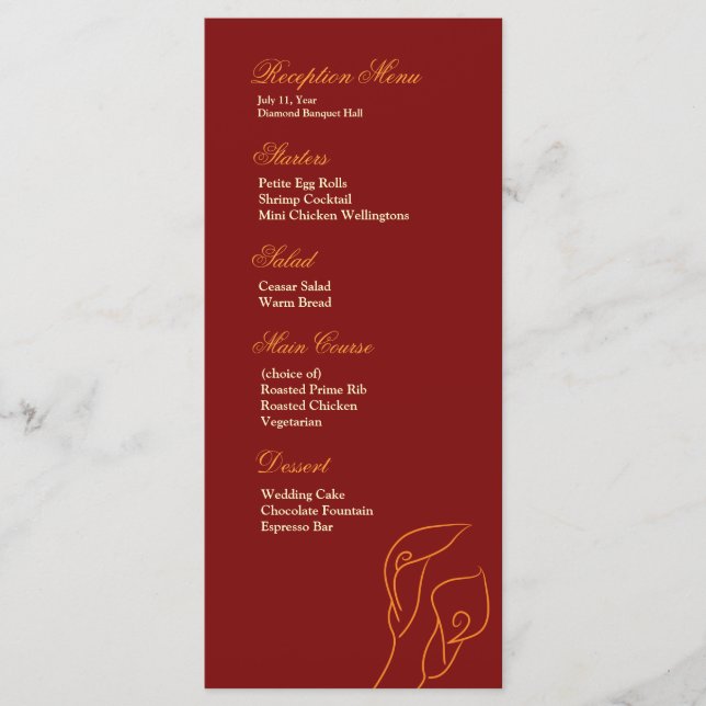 Red & Orange Calla Lilies Reception Menu Meny (Framsida)