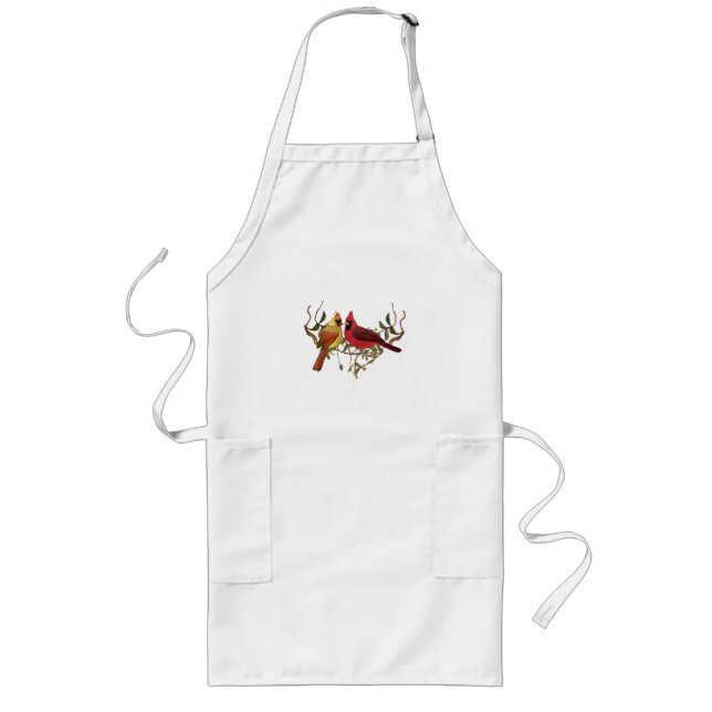 Red Orange Cardinal Lovebird White Apron Långt Förkläde (Framsidan)