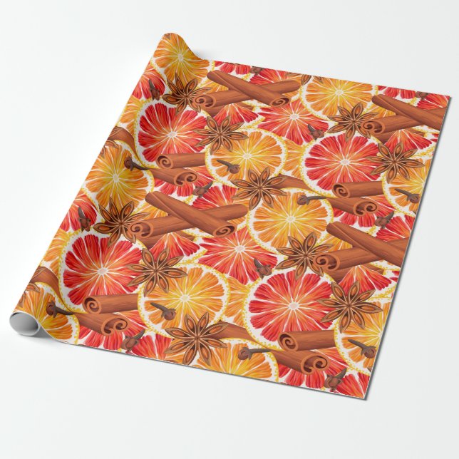 Red Orange Citrus and Spice God jul Presentpapper (Utrullad)