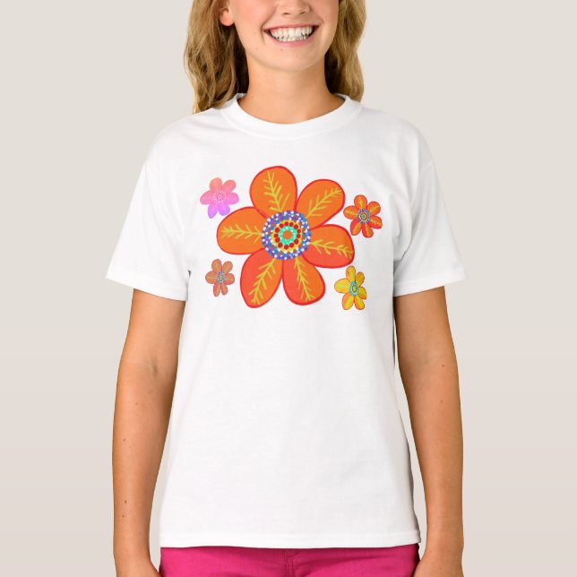 Red Orange Coola Flowers T Shirt (Framsida)