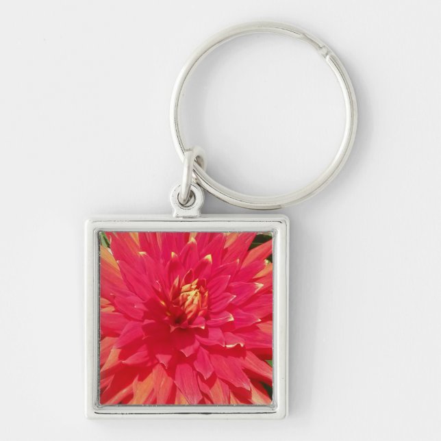 Red Orange Dahlia Flower Fyrkantig Silverfärgad Nyckelring (Framsidan)