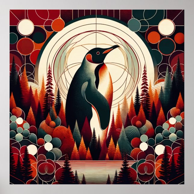 Red Orange Emperor Penguin Retro Träd Geometric Poster (Framsidan)