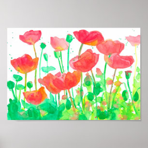 Red Orange Fält Poppies Watercolor Poster