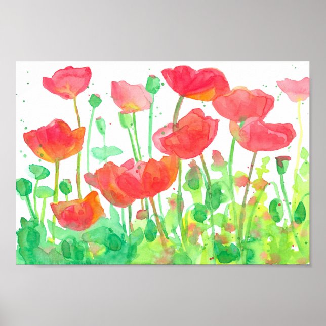 Red Orange Fält Poppies Watercolor Poster (Framsidan)