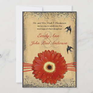 Red Orange Gerber Daisy Vintage Birds Bröllop Inbjudningar