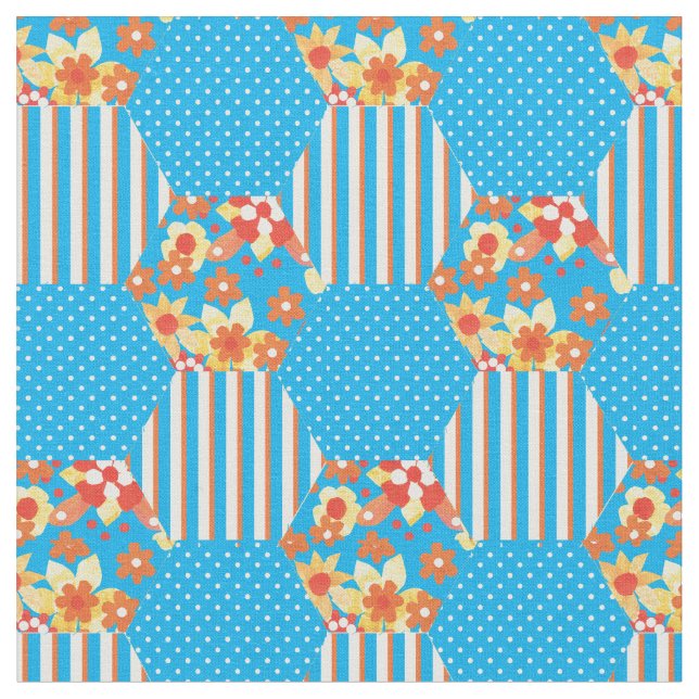 Red Orange Gult Blue Faux Patchwork Mönster Tyg (Närbild)