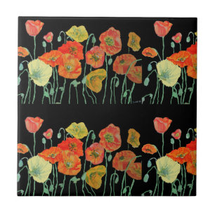 Red Orange Gult Poppy Flowers Poppies Blommigt Art Kakelplatta