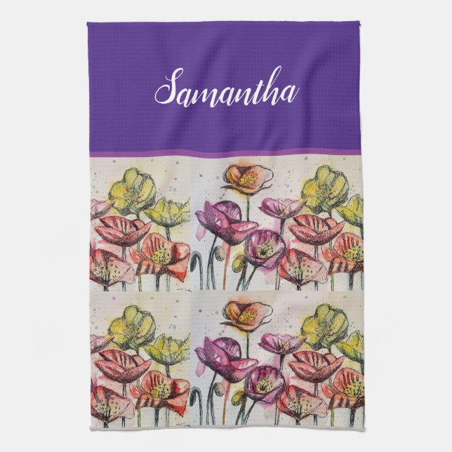 Red Orange Gult Poppy Flowers Poppies Blommigt Art Kökshandduk (Vertikal)