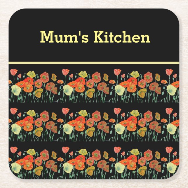 Red Orange Gult Poppy Flowers Poppies Blommigt Art Underlägg Papper Kvadrat (Framsidan)