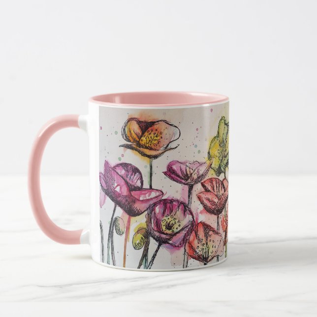 Red Orange Gult Poppy Flowers Poppies Blommigt Mug Mugg (Vänster)