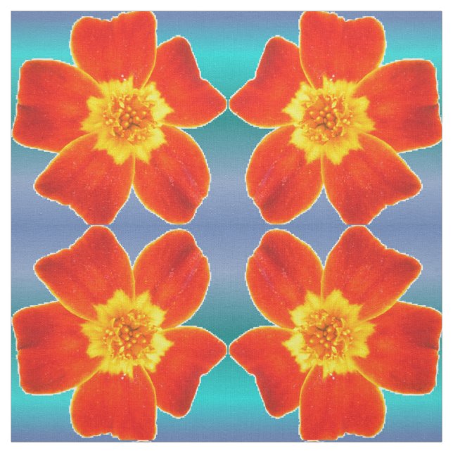 Red Orange Marigold Flower Blue Background Mönster Tyg (Provkarta)