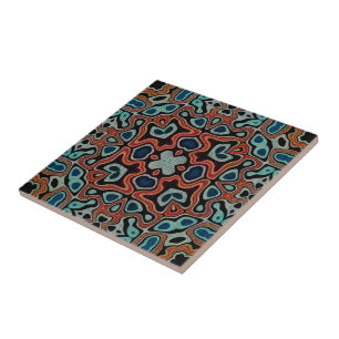 Red Orange Mörk Teal Blue Ethnic Tribe Art Kakelplatta