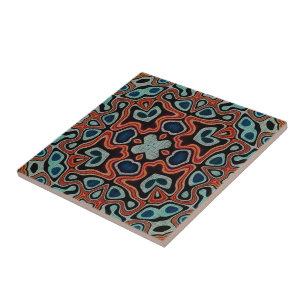 Red Orange Mörk Teal Blue Ethnic Tribe Art Kakelplatta