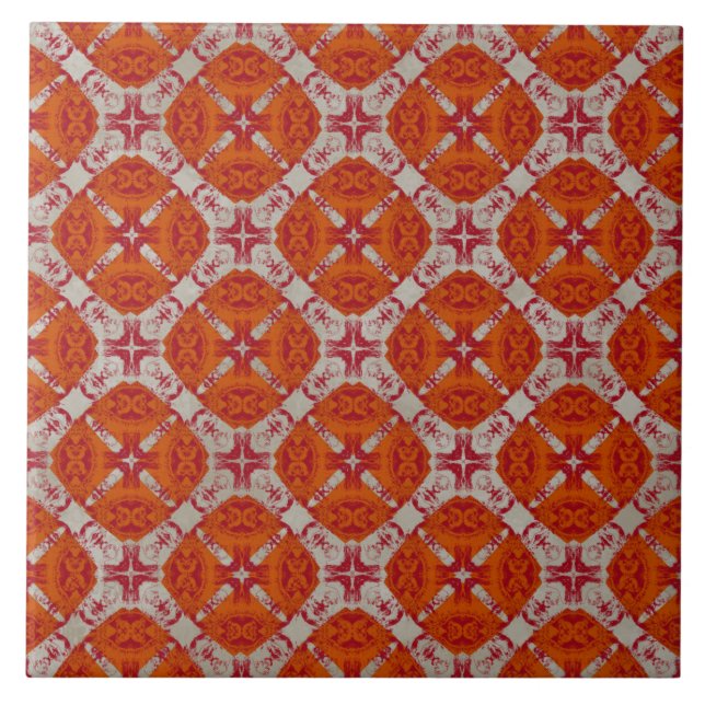 Red, Orange och White Mid Century Modern Mönster Kakelplatta (Framsidan)