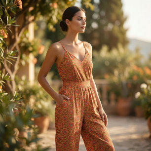 Red & Orange Oriental Boho Geometric Mönster Tyg